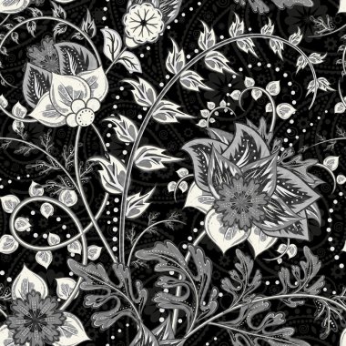 Hand-drawn paisley. Flowers and paisley black white mix. Seamless vector background clipart