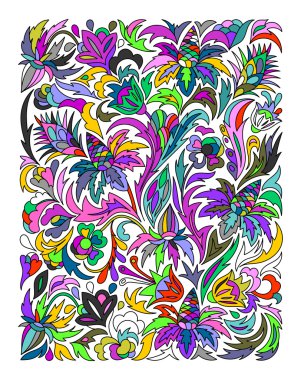 Etnik çiçek zentangle renkli, arka plan deseni dikdörtgen vektör doodle.