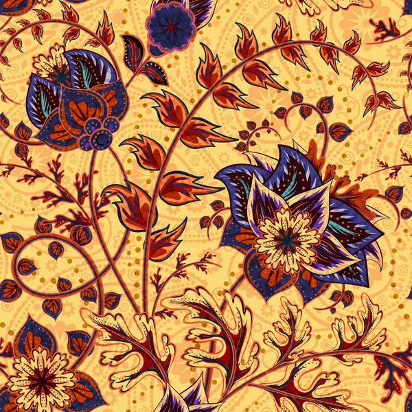 Fond floral sans couture. Fleurs fantastiques et mélange paisley. Fleurs et feuilles bleues brunes sur fond beige. Illustration vectorielle . — Image vectorielle