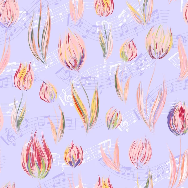 Jasny wzór z oleju malowane kwiaty pastelowy niebieski tulipan różowy koniec notatki — Wektor stockowy