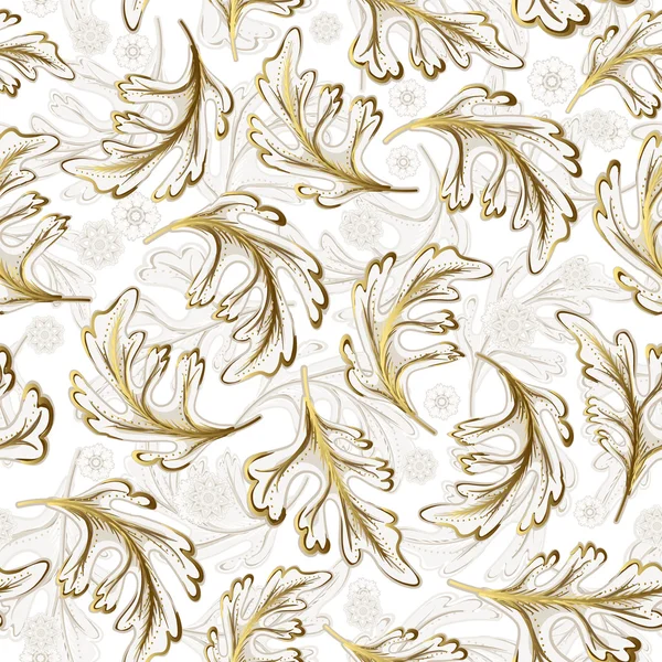 Delicato decorato mano disegno oro bianco fantasia foglie modello senza soluzione di continuità . — Vettoriale Stock