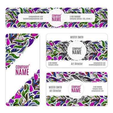 Corporate Identity vector templates set with flowers and leaves in zentangle doodle style. Violet lilac pink colors.