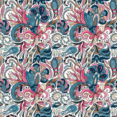 Fantezi çiçekleri desensiz desenli. Çiçek süsü, kumaş, tekstil, kartlar, ambalaj kağıdı, duvar kağıdı şablonu için..