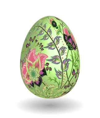Gold egg with hand draw floral ornate isolated on white background. Fantasy pink gray  flowers on green egg. clipart