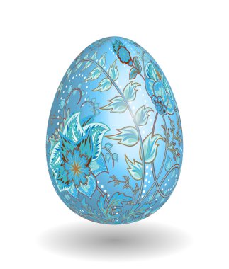 Gold egg with hand draw floral ornate isolated on white background. Fantasy blue gray flowers on blue egg. clipart
