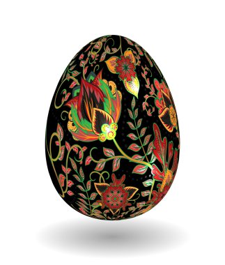 Gold egg with hand draw floral ornate isolated on white background. Fantasy colorful and gold flowers on black egg. Khokhloma. clipart