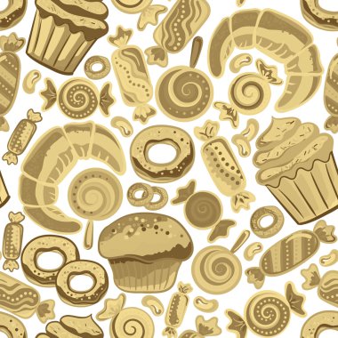 Pişmiş eşya ile vektör yiyecek ekmek seamless modeli. Unlu Mamüller pasta dükkanı. Gösterim amacıyla yazdırma, web. Özgün tasarım öğesi