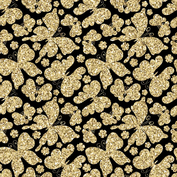 Background with butterflies. Gold sand in butterfly on black. — Stockvector