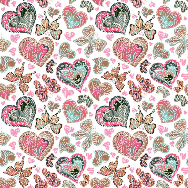 Patrón sin costuras con coloridas mariposas de color rosa pastel azul, flores y corazones sobre fondo blanco. Ilustración vectorial — Archivo Imágenes Vectoriales