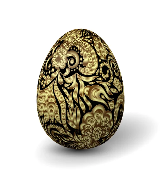 Bel oeuf de Pâques peint sur fond blanc. Effet 3D, ombre motif floral doré sur oeuf noir . — Image vectorielle