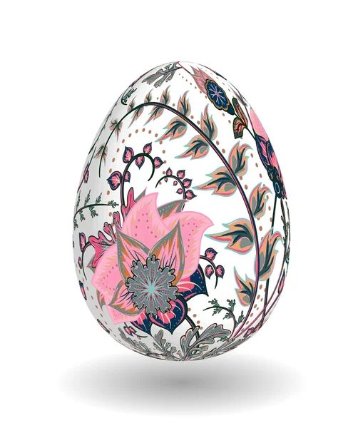 Easter Egg with hand draw ornate floral pattern. Realistic eggs. Template for easter greeting card. Pink brown flowers on white egg. — Stock Vector
