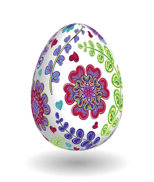 Пасхальное яйцо с рисунком от руки - это цветочный узор. Реалистичные яйца. Шаблон для пасхальных открыток. Красно-синие зеленые цветы на белом яйце . — стоковый вектор