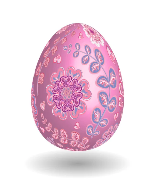 Huevo de Pascua con dibujo a mano adornado patrón floral. Huevos reales. Plantilla para tarjeta de felicitación de Pascua. Flores rosadas sobre huevo rosa perlado . — Vector de stock