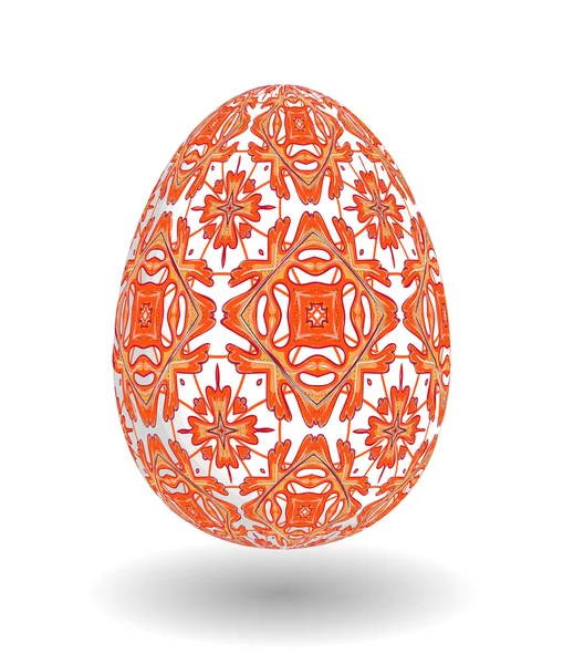 Huevo de Pascua blanco de un solo vector con patrón colorido abstracto: hermoso diseño de primer plano con sombra suave en el suelo. Adorno naranja sobre huevo blanco . — Vector de stock