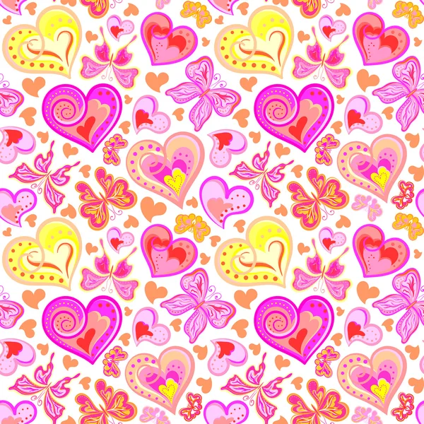 Bright seamless pattern with butterflies and hearts — ストックベクタ