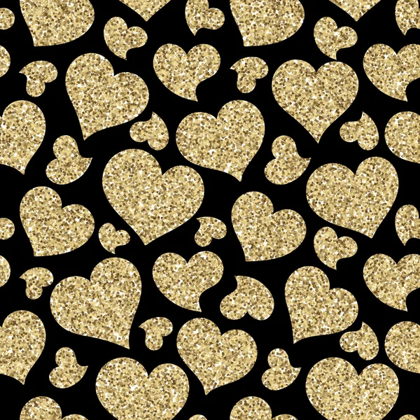 Geometric seamless pattern with gold glitter textured hearts on the black background. — Stock Vector