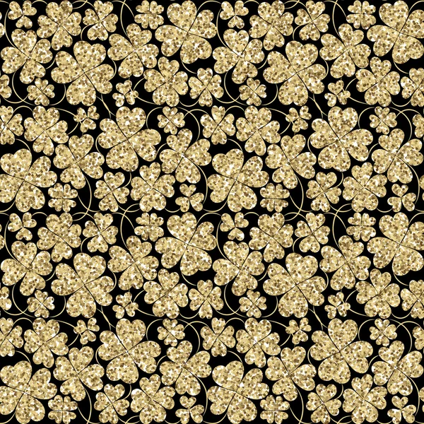 Trendy glitter gold and black seamless vector pattern with three leaf clover for fabric, cards, invitations, wrapping paper, stationery and web backgrounds — 图库矢量图片