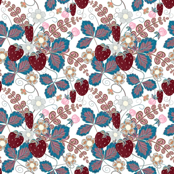 Vektor halbtonnahtloses Muster mit einer Erdbeere, Blättern und Blüten — Stockvektor