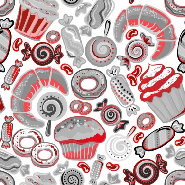 Yummy colorful sweet lollipop, candy, donuts, cupcake, dessert, croissant, bagel seamless pattern. Vector background