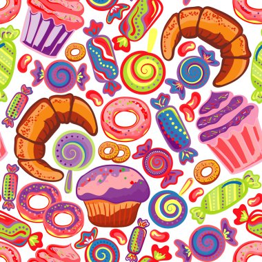 Yummy colorful sweet lollipop, candy, donuts, cupcake, dessert, croissant, bagel seamless pattern. Vector background