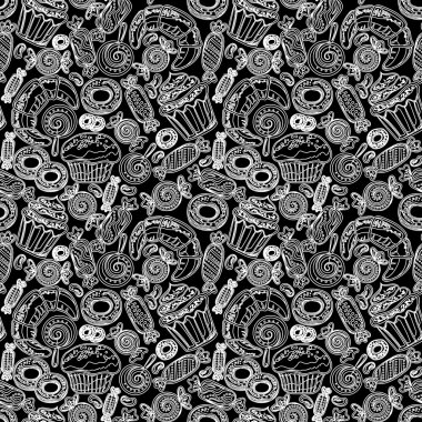Pastry hand drawn seamless pattern. Doodle collection confections. Colorful background