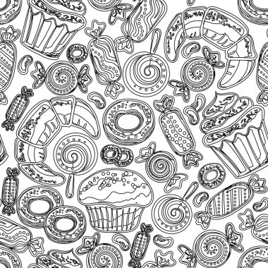 Pastry hand drawn seamless pattern. Doodle collection confections. Colorful background