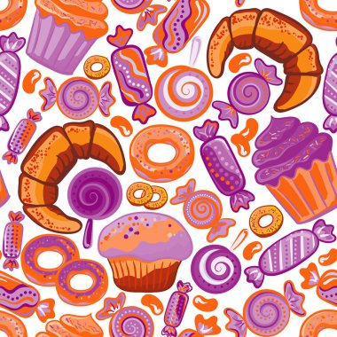 Pastry hand drawn seamless pattern. Doodle background collection confections. Icon set vector