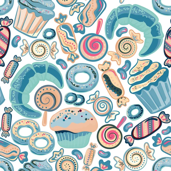 Pastry hand drawn seamless pattern. Doodle collection confections. Colorful background — ストックベクタ