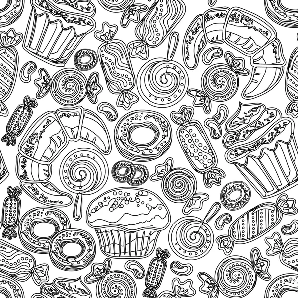 Pastry hand drawn seamless pattern. Doodle collection confections. Colorful background — Stockový vektor