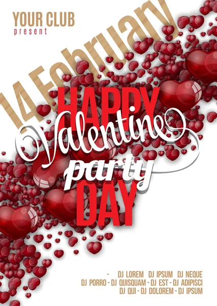 Valentines Day Party flyer achtergrond ontwerp. Vector sjabloon van uitnodiging met harten, flyer, poster of wenskaart — Stockvector