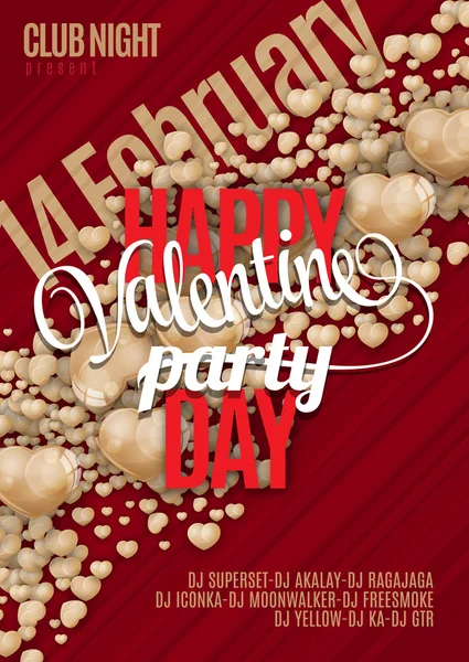 Valentines Day Party Flyer Desain Latar Belakang. Templat vektor undangan dengan hati, selebaran, poster atau kartu ucapan - Stok Vektor