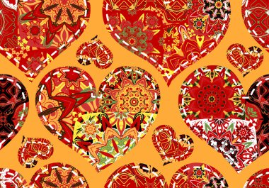 Vintage patchwork stil turuncu arka plan üzerinde renkli kırmızı kalbimizde koleksiyonu ile Seamless Modeli.