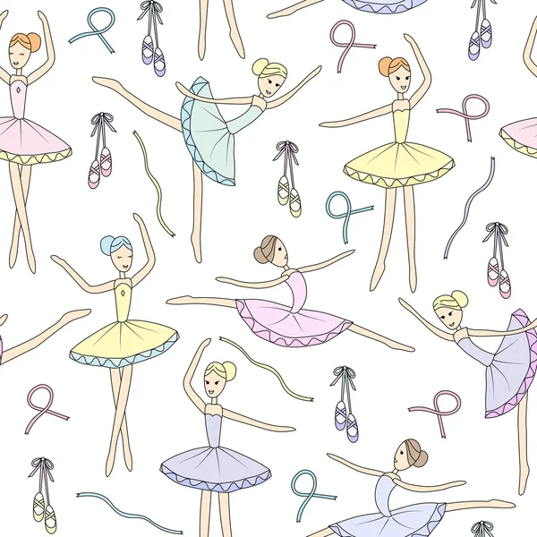 Seamless pattern with dancing ballerinas on a floral background. Vector — Stock Vector