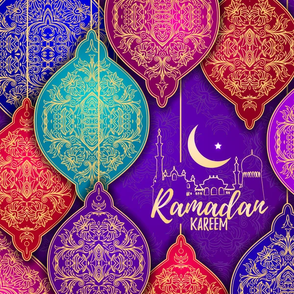 Hermosa elegante estilizado Ramadán Kareem Linternas o colgante Fanous — Vector de stock