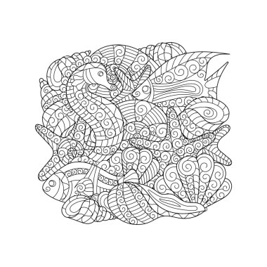 Boyama kitabı için seamless modeli siyah ve beyaz. Deniz hayat