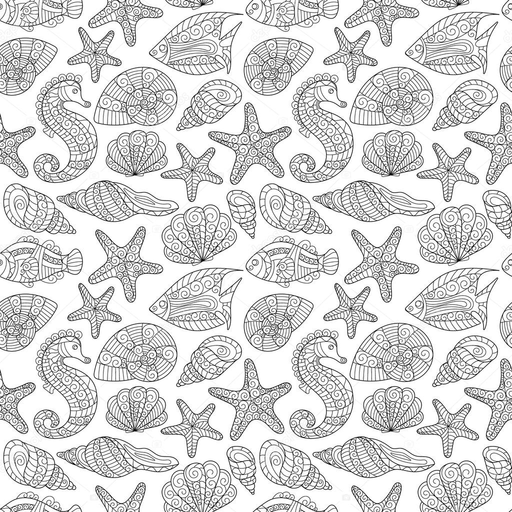 Modello senza cuciture in bianco e nero per libro da colorare Conchiglie stelle marine cavalluccio marino pesci sfondo dell illustrazione della mano di
