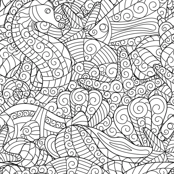 Black and white seamless pattern for coloring book. Sea life — Stock Vector