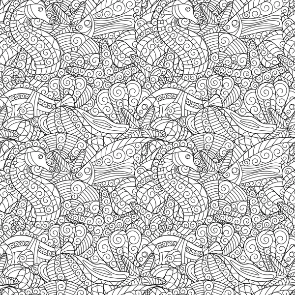 Black and white seamless pattern for coloring book. Sea life — Stock Vector