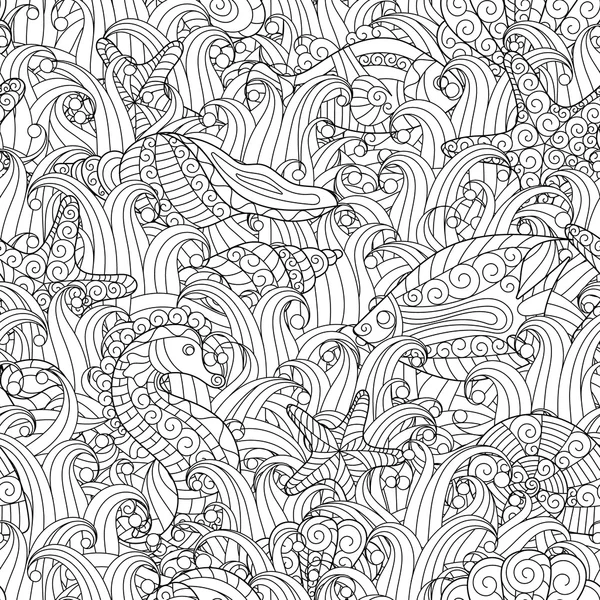 Black and white seamless pattern for coloring book. Sea life — Stock Vector