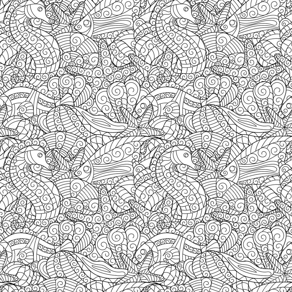 Modello senza cuciture in bianco e nero per libro da colorare Conchiglie stelle marine cavalluccio marino pesci sfondo dell illustrazione della mano di