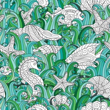 deniz kabuklarını, deniz yıldızı ve denizatı Dikişsiz desen renkli el çekilmiş