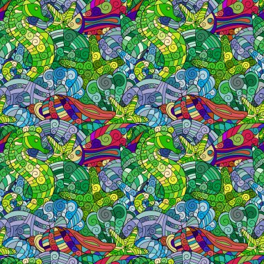 Renkli karikatür karalamalar çizilmiş. Su yaşam altında. Vektör