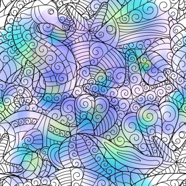 Deniz kabuklarını ve sulu boya lekeleri ile grafik desen.