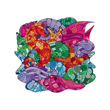 Çizilmiş karikatür süslü karalamalar. Sualtı canlıları illüstrasyon.