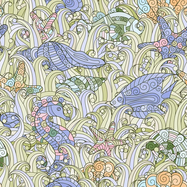 Patrón sin costura de conchas de mar dibujadas a mano coloridas, estrellas de mar y caballitos de mar — Archivo Imágenes Vectoriales