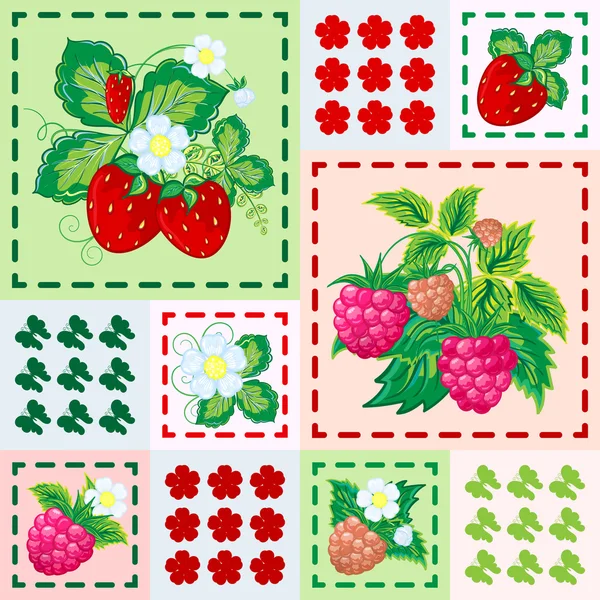 Patchwork-Hintergrund mit Erdbeeren und Himbeeren. nahtloses Vektormuster. — Stockvektor