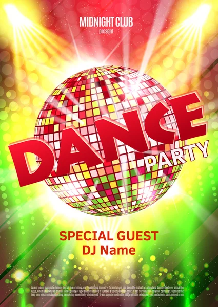 Dance Party Poster Background Template - Ilustração vetorial. Bola de disco — Vetor de Stock