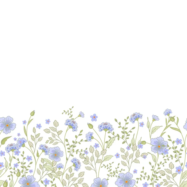 Frontera horizontal sin costuras con lindas florecitas y hierbas. Ilustración vectorial . — Vector de stock