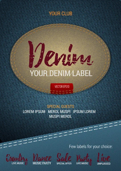 Denim Label flyer atau banner dengan latar belakang denim. Templat vektor dengan label denim. Ulir keterangan. Cetak . - Stok Vektor