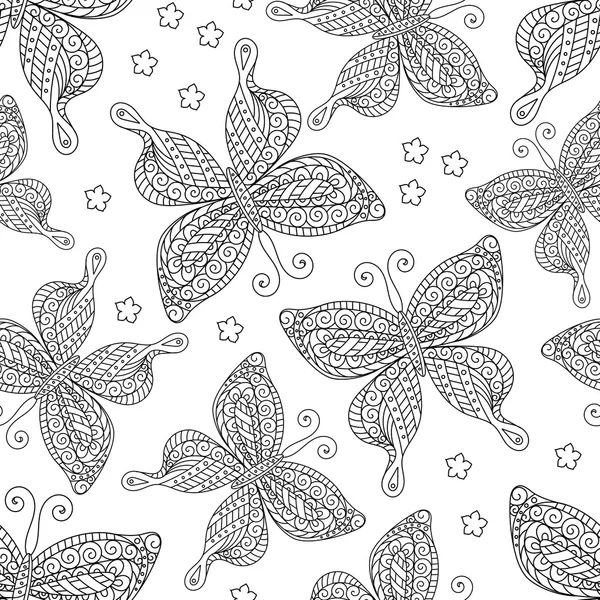 Fjärilar sömlösa mönster, svartvit, målarbok, svart och vitt illustration i Boho stil, hippie, bohemisk. Butterfly vingar på en bakgrund. Exotisk insekt. Textil — Stock vektor
